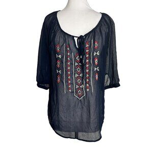 Signature Studio Womens Peasant Top Size Small Semi Sheer Embroidered Navy Blue